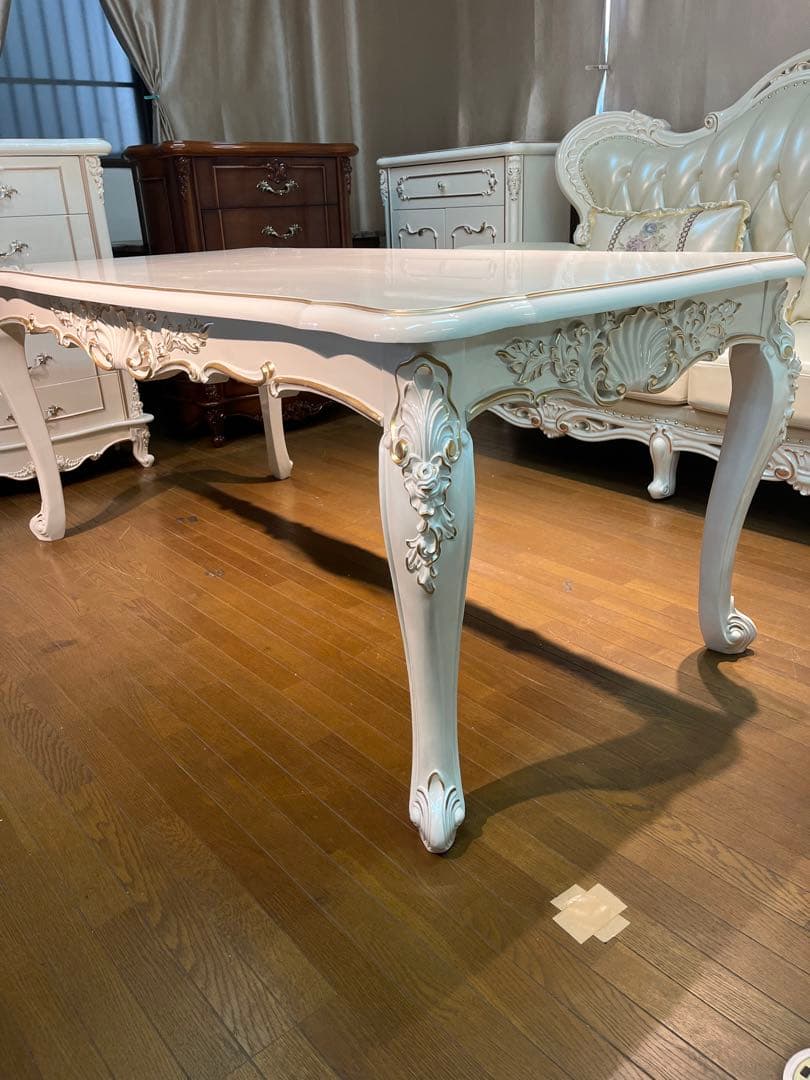 天然木超豪華 ロココ調 アンティーク風 ダイニングテーブルセット7点