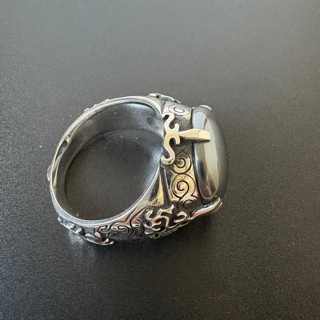 彫銀　ヘマタイトリング　シルバーリング　約22号　装飾　レア