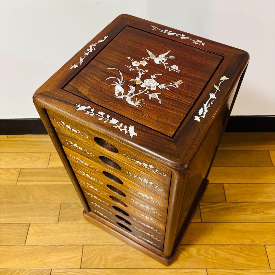 中国骨董 唐木 花梨 無垢材 螺鈿細工 小引き出し 8杯 8段箪笥 箪笥