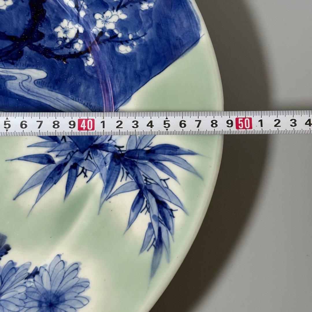 幕末〜明治期　青磁染付夜桜図楕円形大皿　牡丹文様　福　裏葡萄文様　48.6cm
