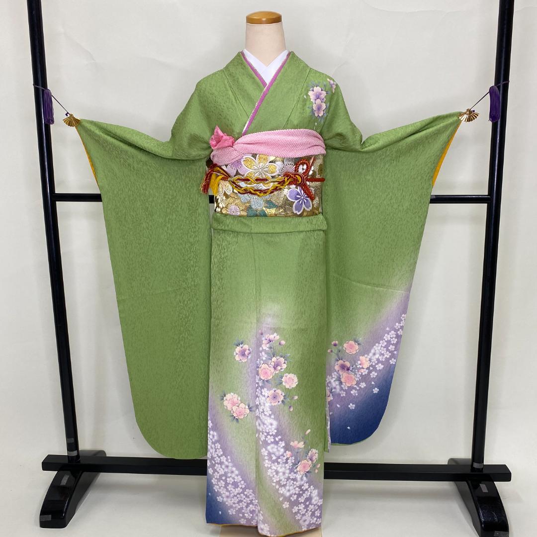 振袖フルセット 緑 花柄 成人式 裄66.5 正絹 草履バックセット S-107