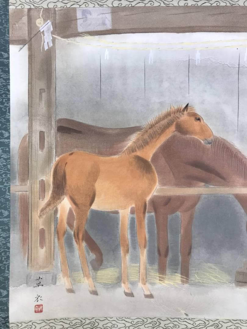 【真作】貴道草衣/厩舎/双馬図/馬図/横物/掛軸/名家伝来/AD-362