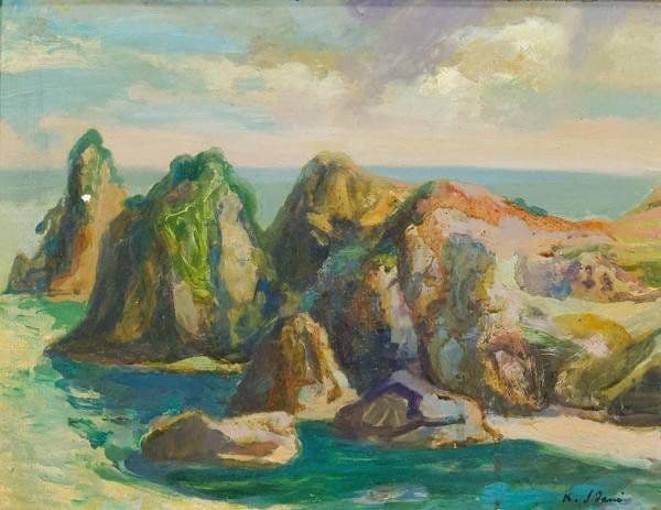 【真作】伊谷賢蔵「山陰の海 浦富海岸」油彩 4号 1942年作 共シール