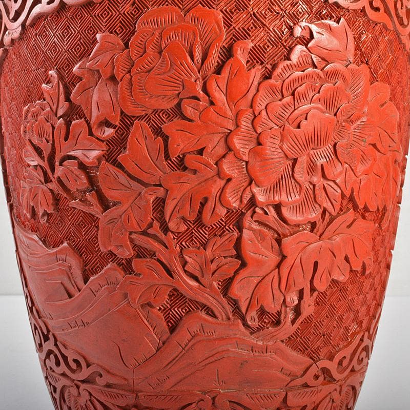 中国　剔紅　堆朱　内七宝　花文瓶　高さ約39㎝　唐木台付　Y　R7494B