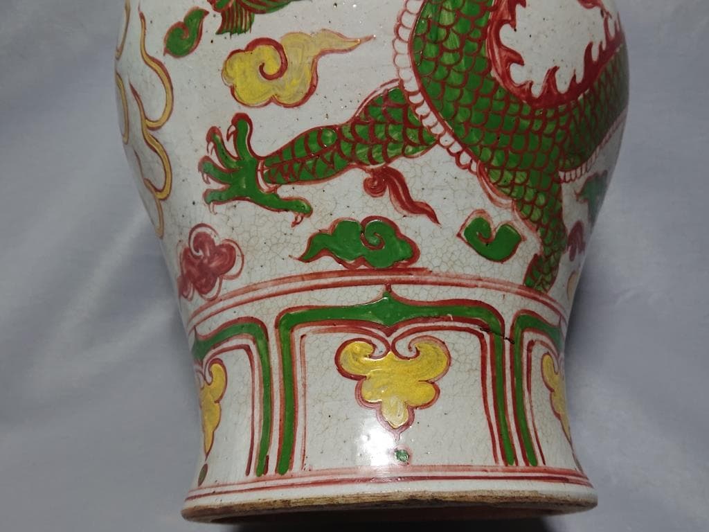 コレクター収集品 中国 明時代 五彩色絵 龍文大瓶 高さ36.8cm