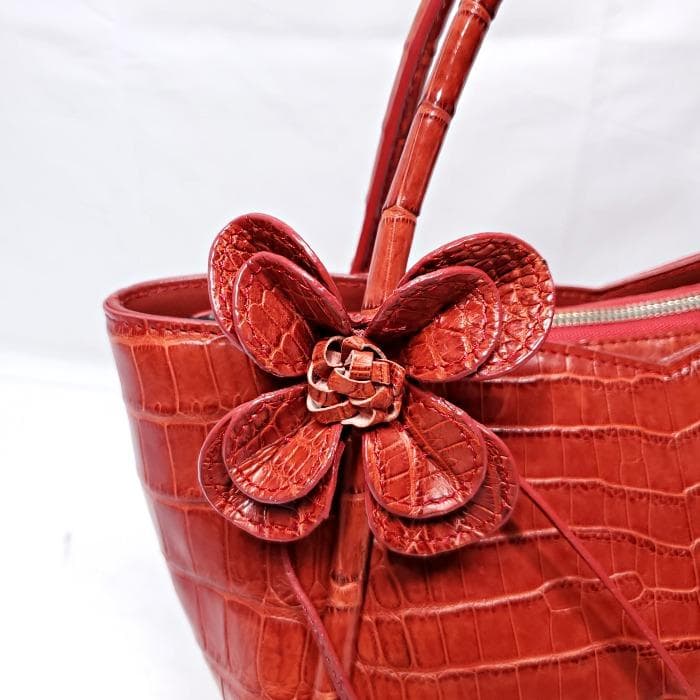 【美品】 BAGFAN クロコ レザー 本革 フラワーモチーフ ハンドバッグ