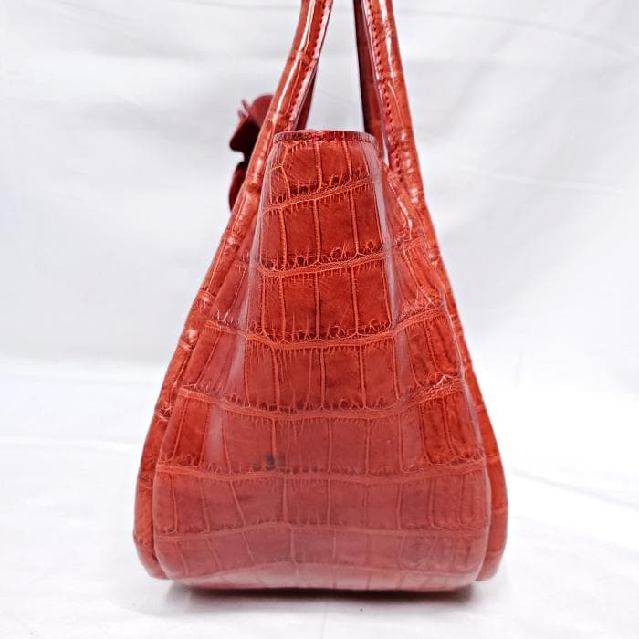 【美品】 BAGFAN クロコ レザー 本革 フラワーモチーフ ハンドバッグ
