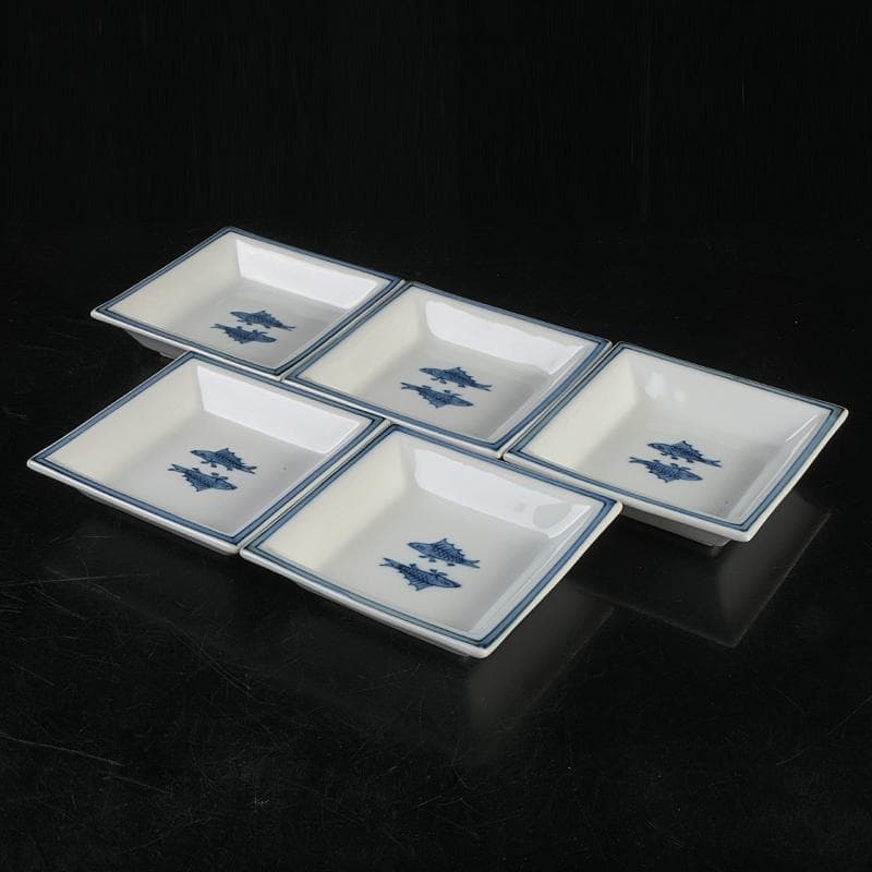 和食器　有田焼　館林源右衛門　染付　魚文　四方銘々皿　五客　共箱　V　R9102