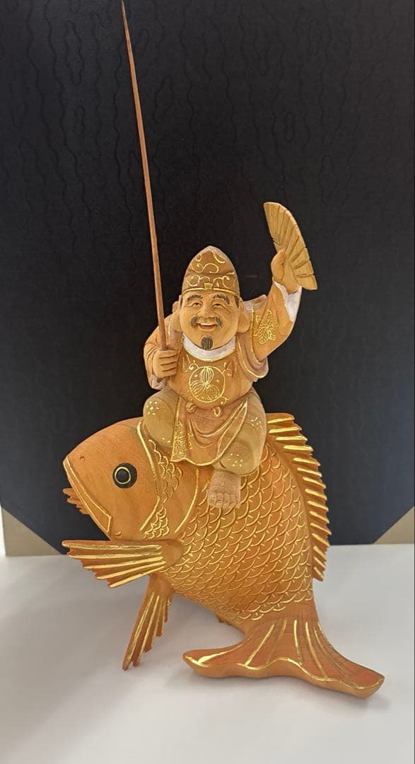 魚上 恵比寿 楠淡彩 木像 置物 アンティーク 縁起物