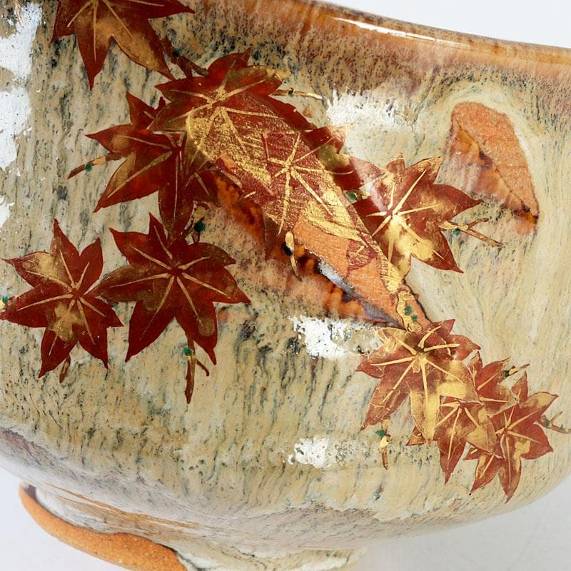 茶道具 京焼 秋峰窯 中村良二作 窯変紅葉絵 茶碗 共布共箱 V 9755