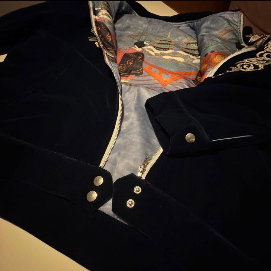 TK【中綿ブルゾン】刺繍ドラゴンと鷲のベルベットジャンパー　ネイビー