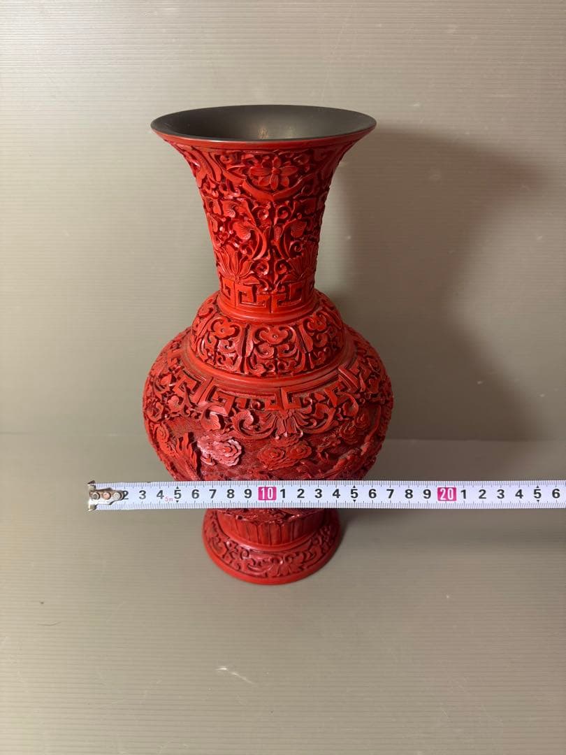 2722 中国美術 漆器 堆朱 剔紅 細密 唐草牡丹雲龍紋 花瓶