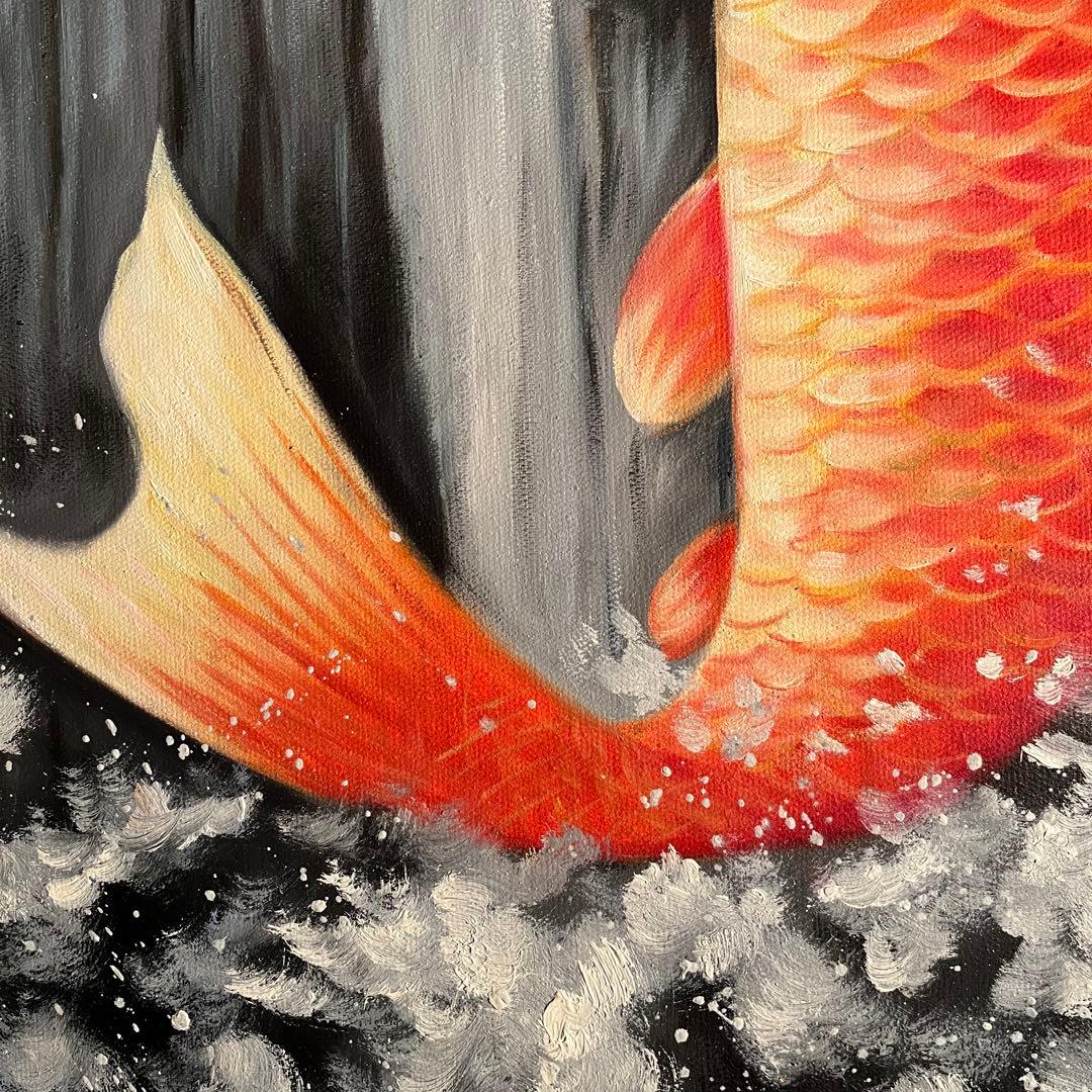 ★特大★ 手書き油絵 鯉の滝登り 肉筆絵画 額付き 油彩画 金運 開運