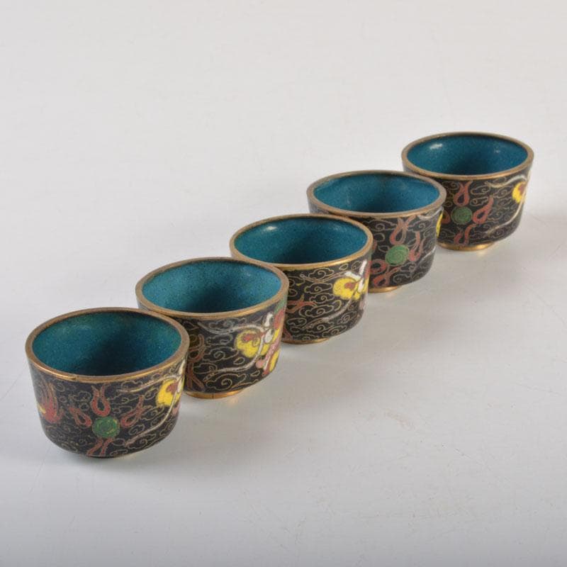 中国　古七宝琺瑯彩　神獣文　盃　五客　C　6713