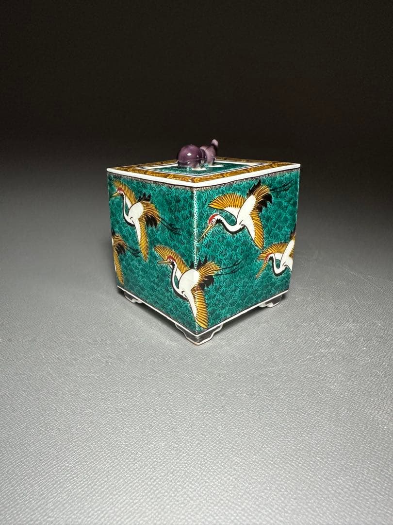 西田伸也　作　色絵群鶴文　香炉　共箱　共布　美品