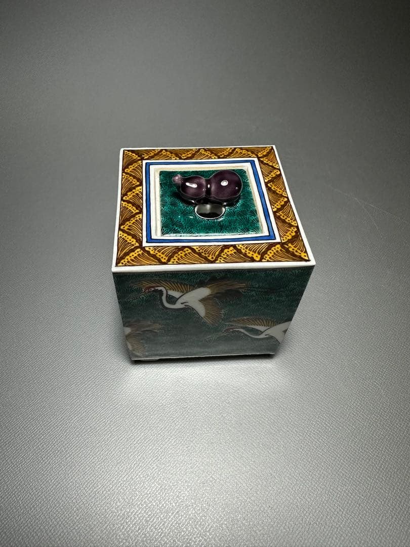 西田伸也　作　色絵群鶴文　香炉　共箱　共布　美品