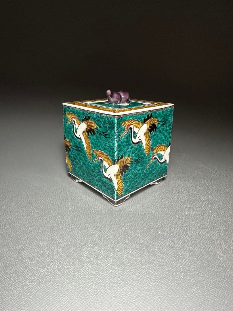 西田伸也　作　色絵群鶴文　香炉　共箱　共布　美品