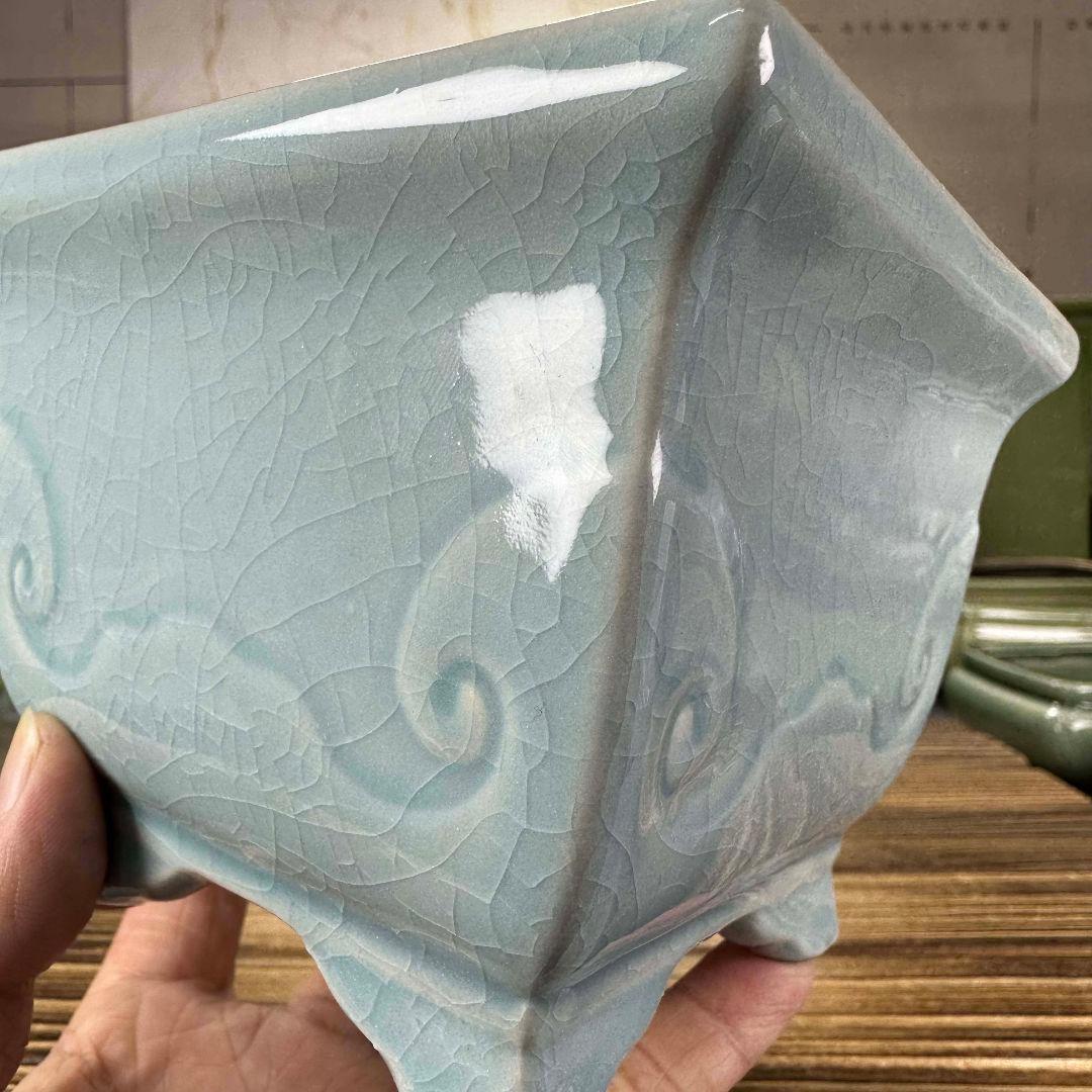 祥雲四方笠盆栽鉢 青磁鉢 山野草鉢 多肉植物 植木鉢 小品大品盆栽鉢