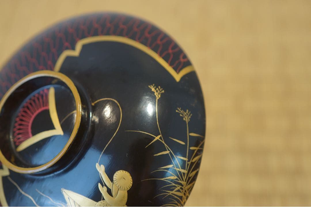 江戸後期 京蒔絵 猟師図蒔絵 波千鳥文 黒漆 吸物椀 2客/