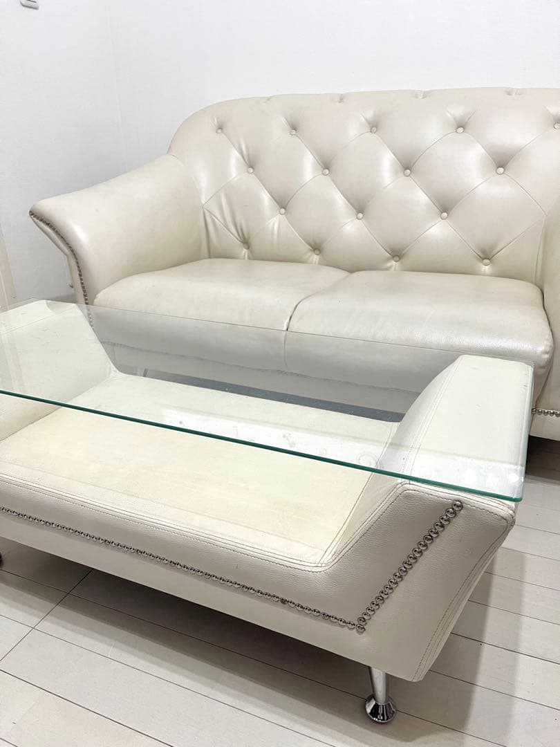 ホワイトレザー ガラス天板