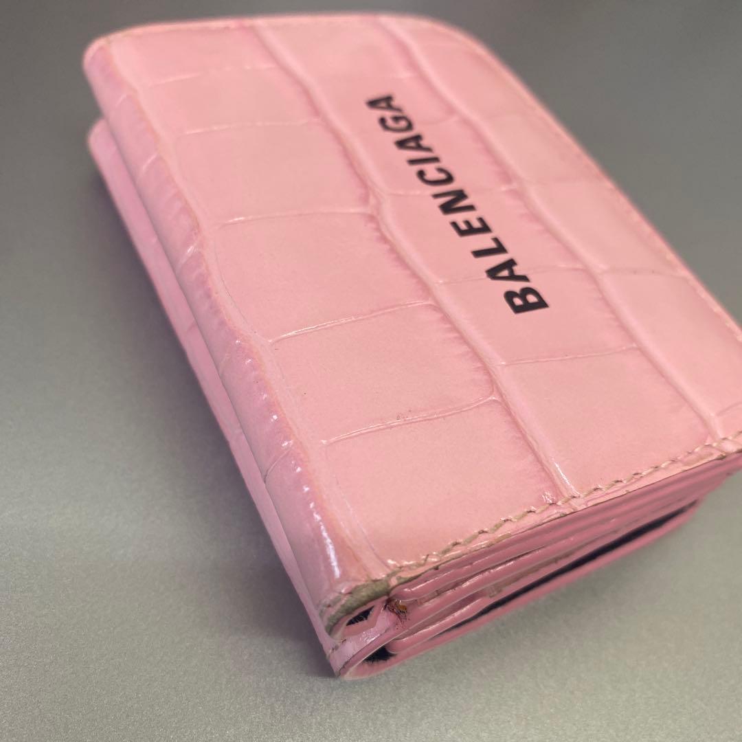 バレンシアガ クロコ型押し 三つ折り財布 ミニウォレット ベビーピンク