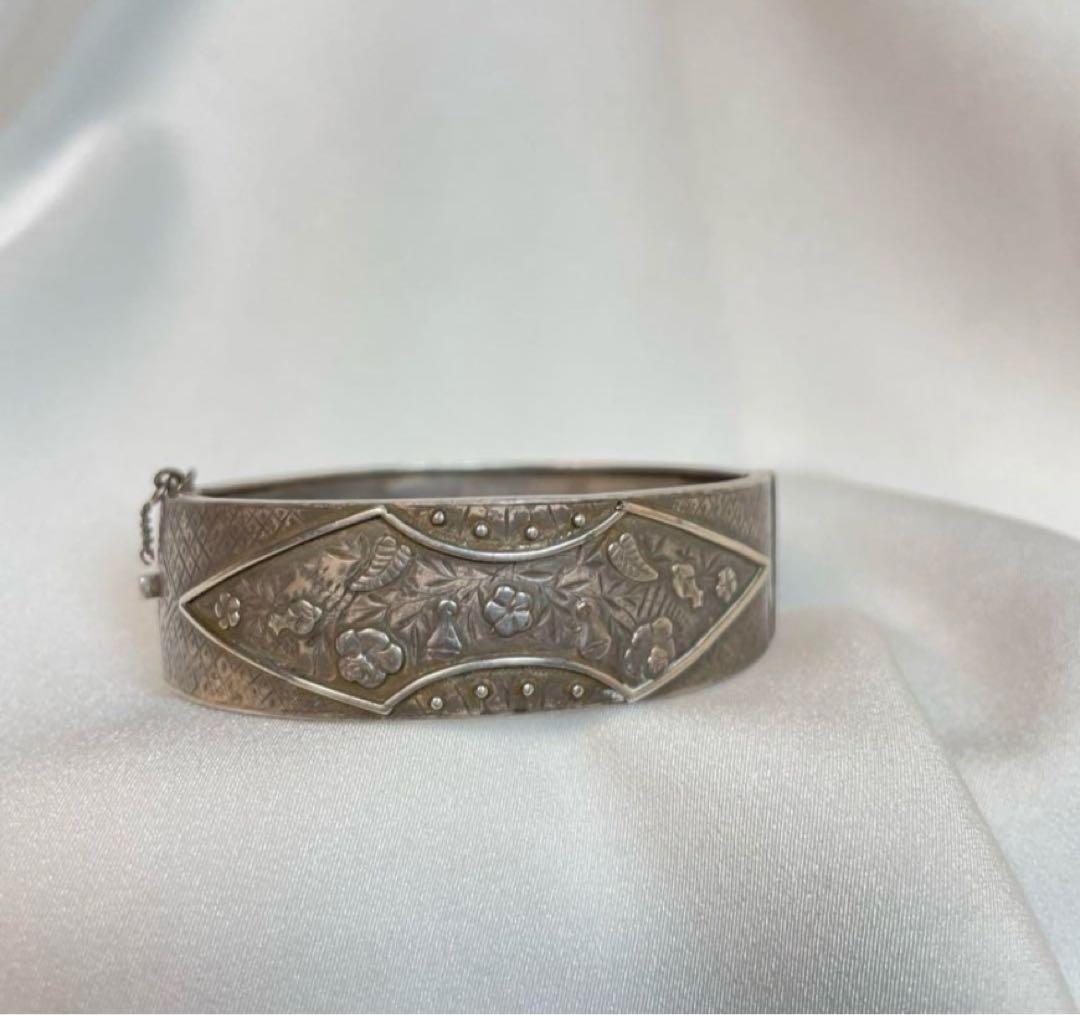 アンティークバングル　シルバー925 花柄彫刻