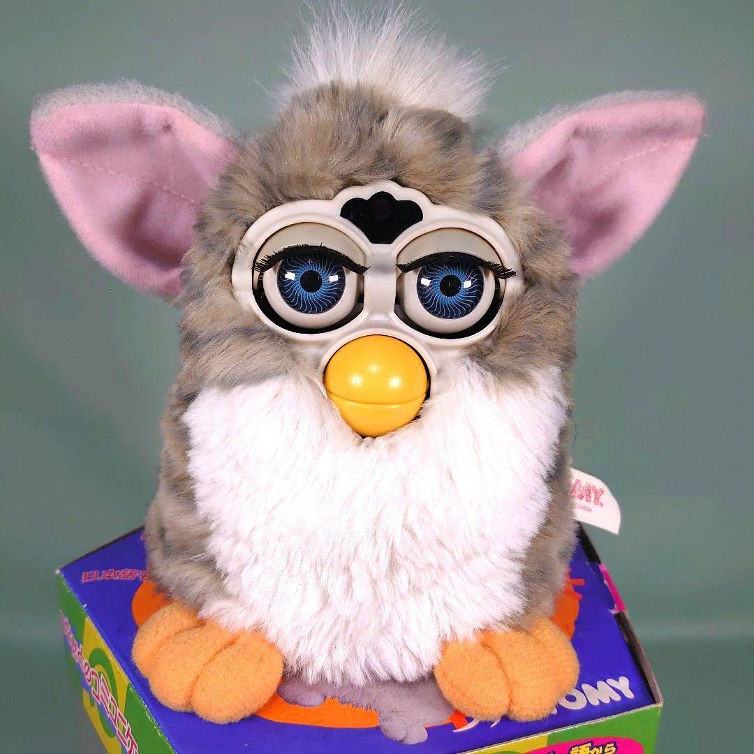 完動品】初代ファービー グレイ✕ホワイト（ウルフ）動物柄 ブルーアイ