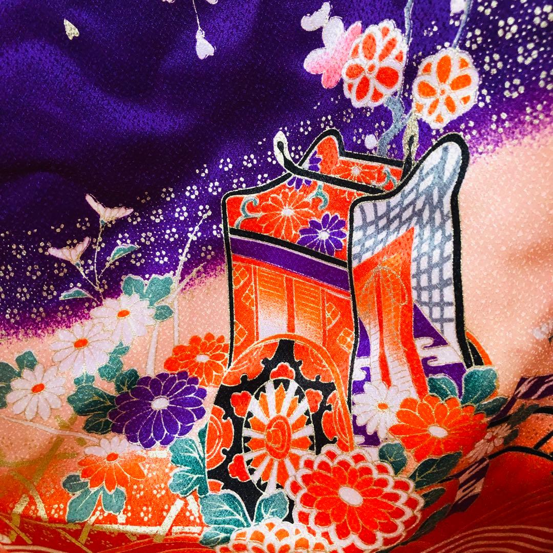 七五三七歳‼正絹豪華紫に裾赤地煌びやか❤️御所車金彩ラメ箔❤️完全フルセット