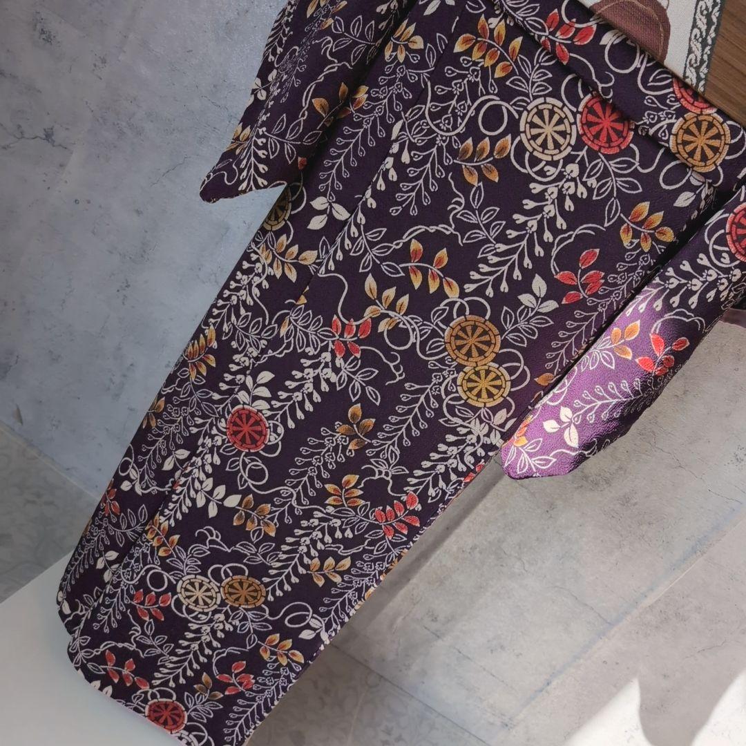 小紋 フルセット 着物 正絹 紫 ちりめん 藤の花？ おしゃれ D2