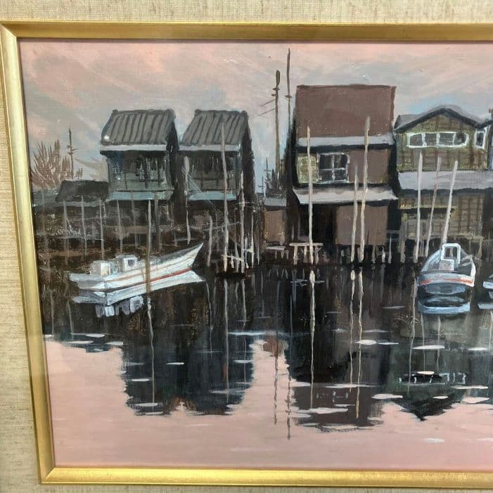 油絵 舟のある風景 港の風景 油彩画 額縁付