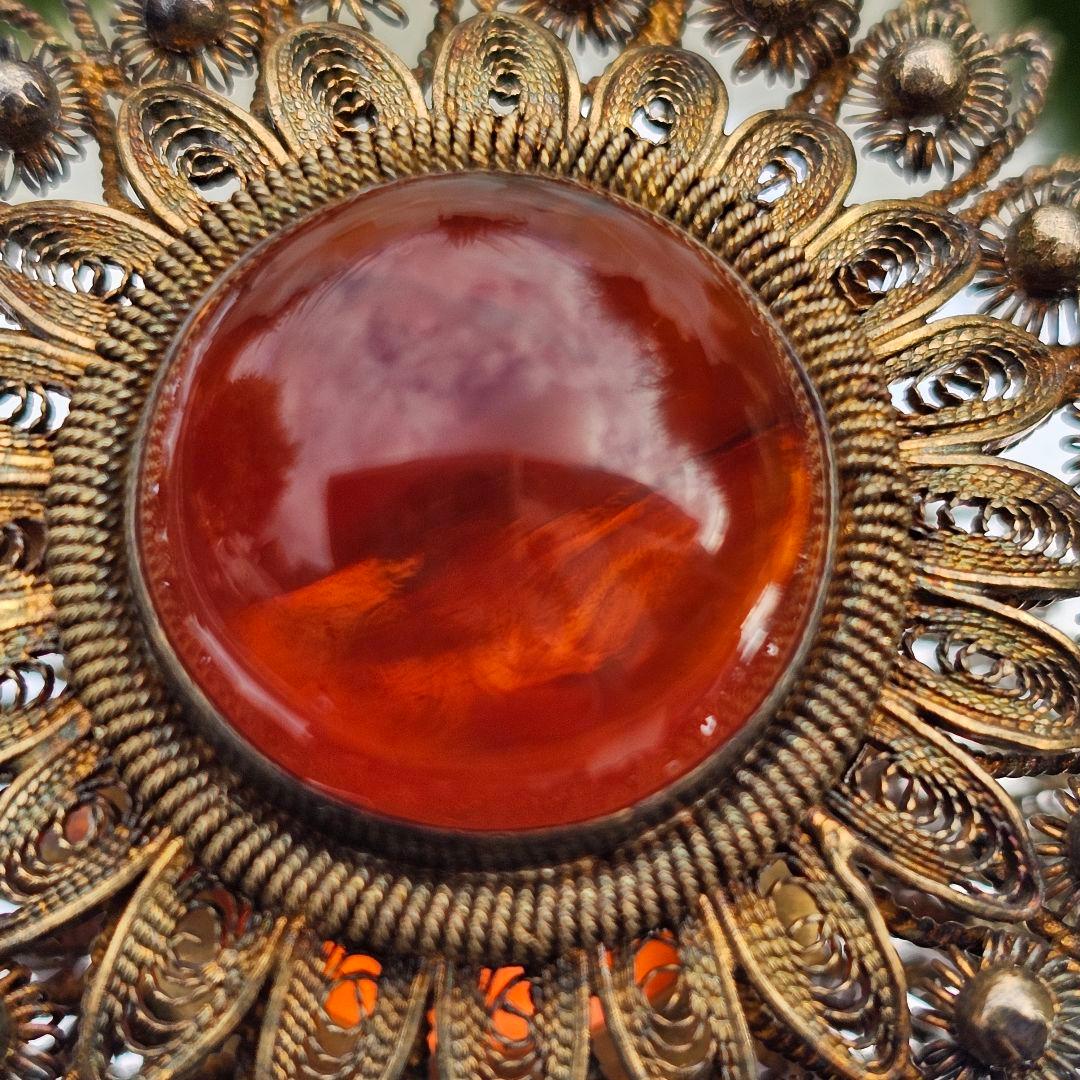 255】 琥珀 アンバー 銀線細工 ヴィンテージブローチ