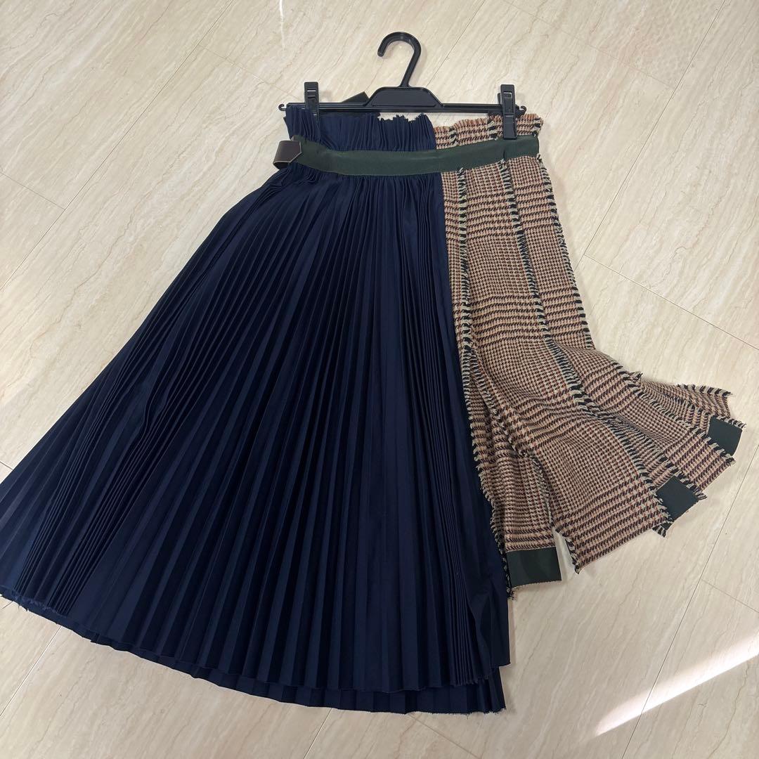 sacai 巻きスカート　プリーツスカート ネイビー チェック柄