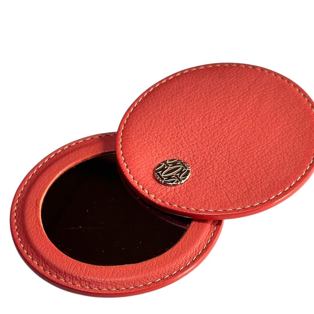 Cartier レザー 円形ミラー オレンジ