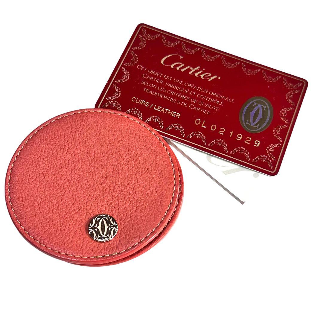 Cartier レザー 円形ミラー オレンジ