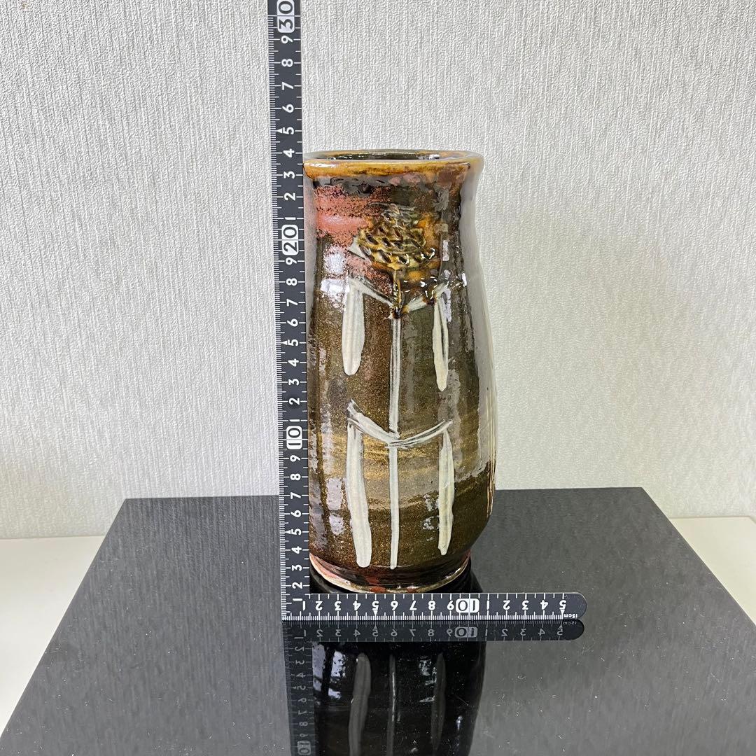 益子焼　名工　佐久間藤太郎　柿地草花絵　花瓶　花器　草花紋　益子民窯　　浜田庄司