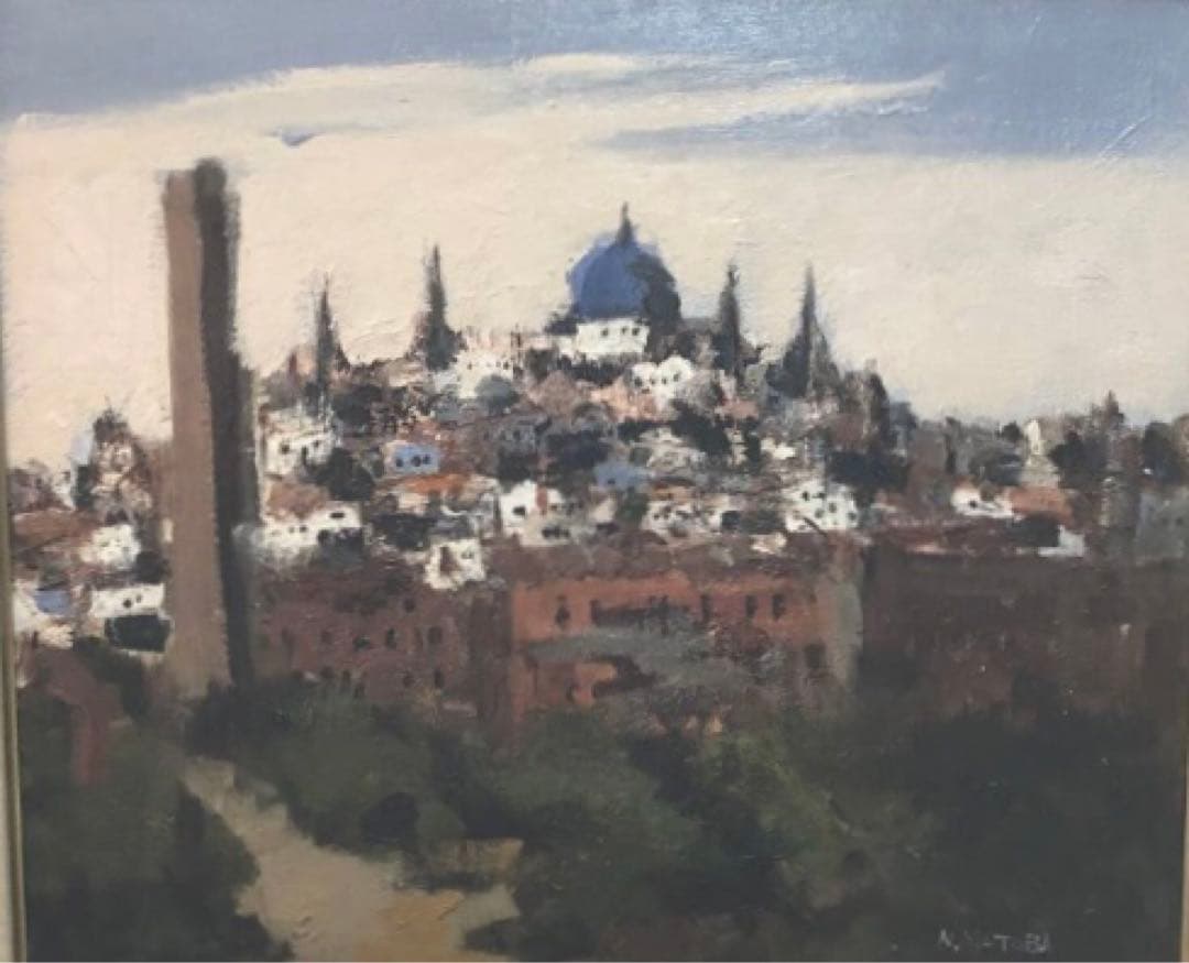 真作　油彩　的場信治作　セコビアの街の風景　購入者が説明読み購入金額決めて下さい