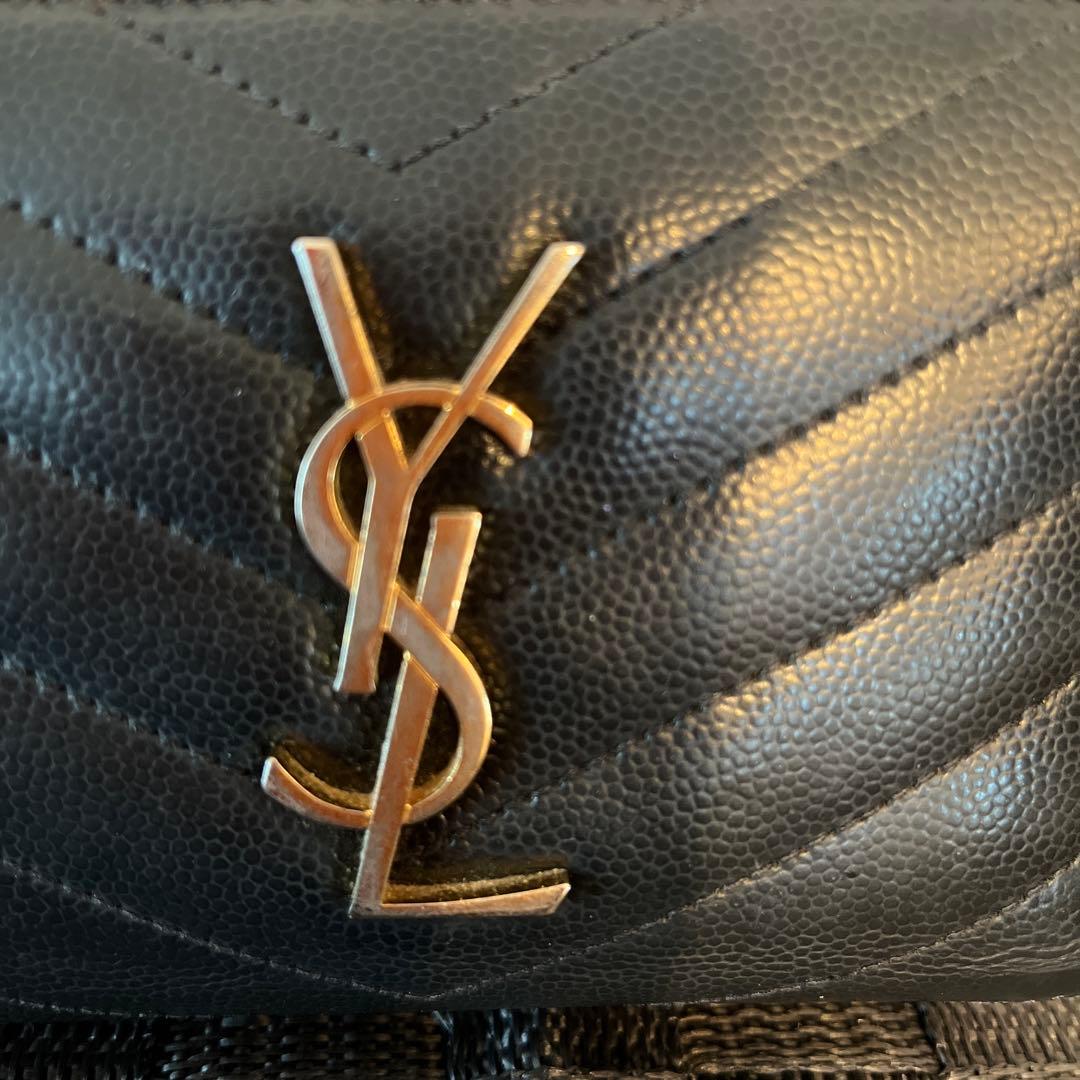 サンローラン　折り財布　キャビアスキン　黒　グレー　レザー　YSLロゴ