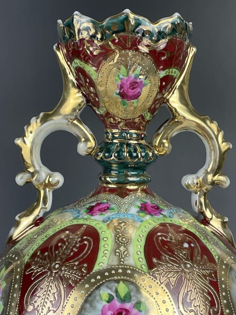 大型】オールドニッポン 約28cm 薔薇紋花瓶 アールヌーボー様式