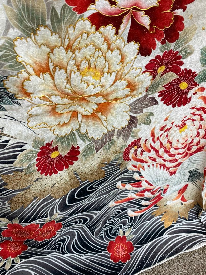 振袖 仮絵羽 舞台衣装 金彩 銀通し 牡丹 鶴 正絹 未仕立て品 八