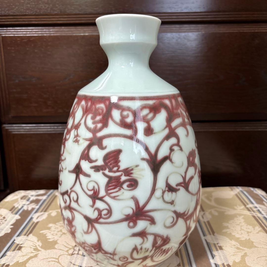 巨匠 吉田隆 釉裏紅 唐草花入 本物保証