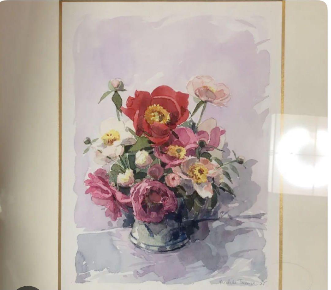 ミシェル・トゥルメル 水彩画「春の芍薬」 額装品