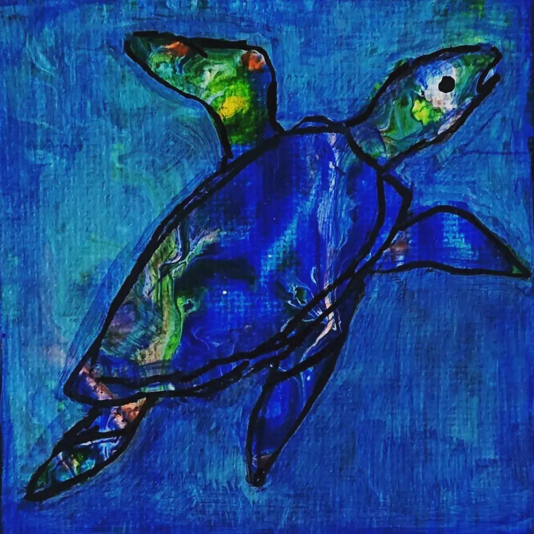 原画 カメ 亀 かめ フルイドアート パネル ポーリングアート 一点もの 希少