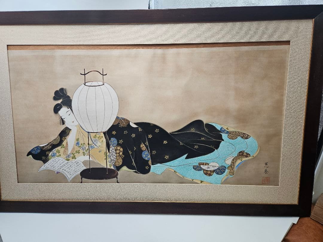 蕙養 『文読む美人図』 肉筆 大幅 浮世絵 紙本 彩色 額装
