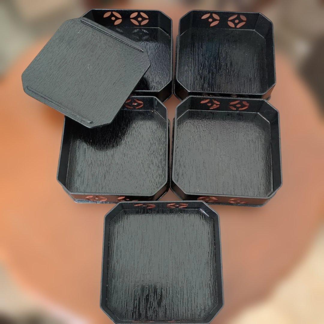 縁高　柿合　七宝透かし　木製　茶道具　茶道漆　漆器　5段　紙箱