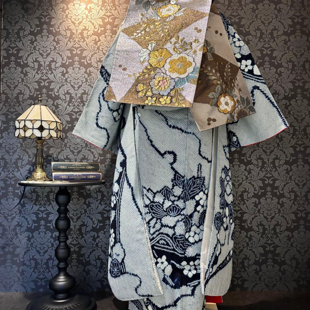 人間国宝 最高級 作家物 藍染 証紙 本疋田 総絞り 振袖 フルセット