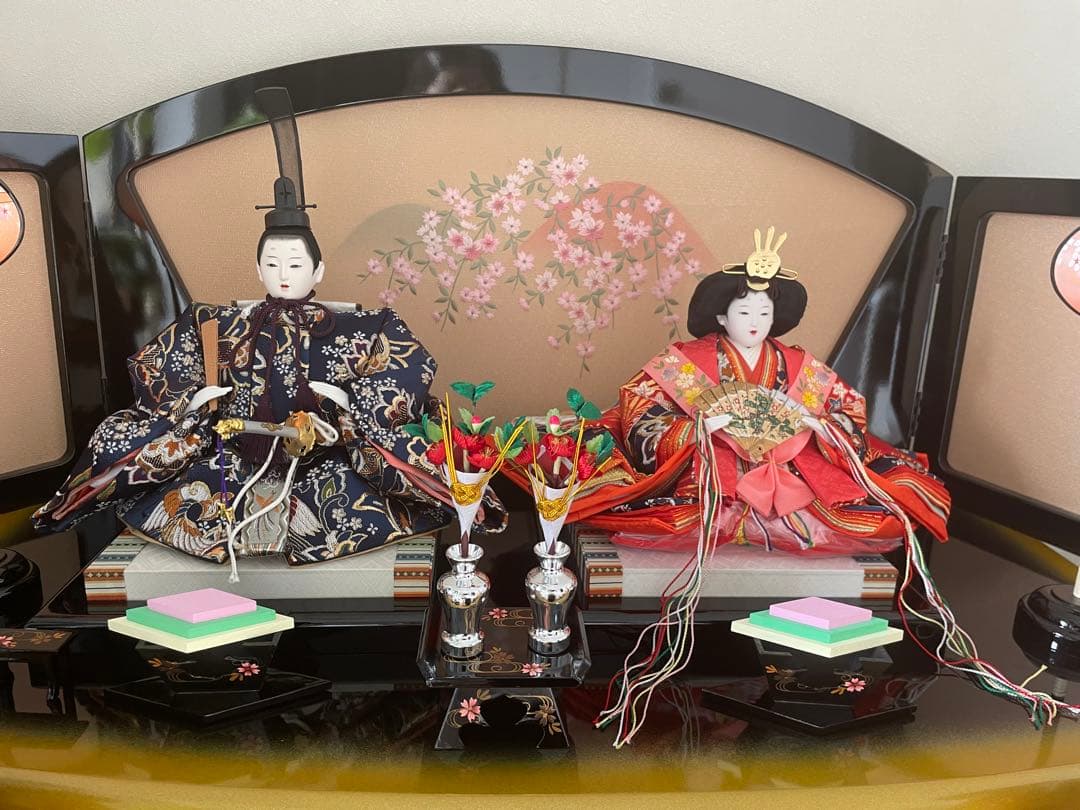 美品　原孝州　お雛様　雛人形　三段飾り　五人飾り　桜刺繍　光るぼんぼり