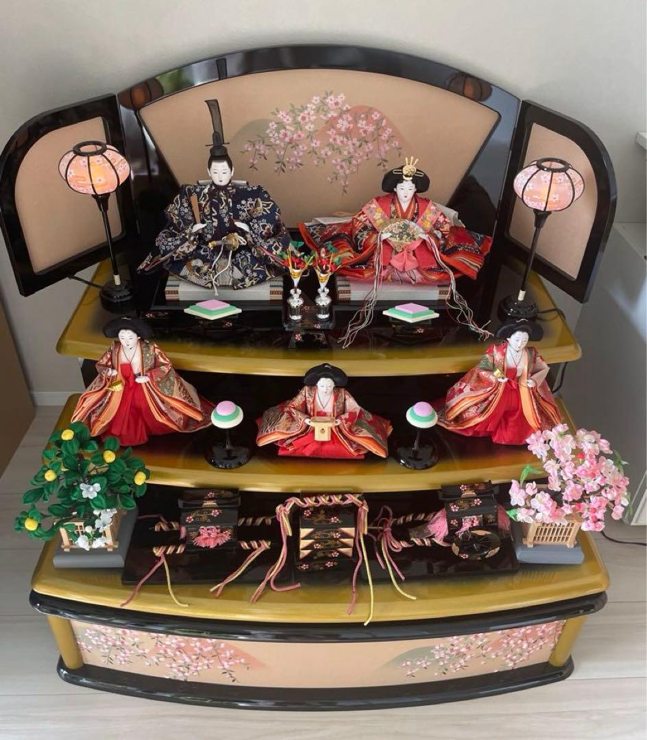美品　原孝州　お雛様　雛人形　三段飾り　五人飾り　桜刺繍　光るぼんぼり