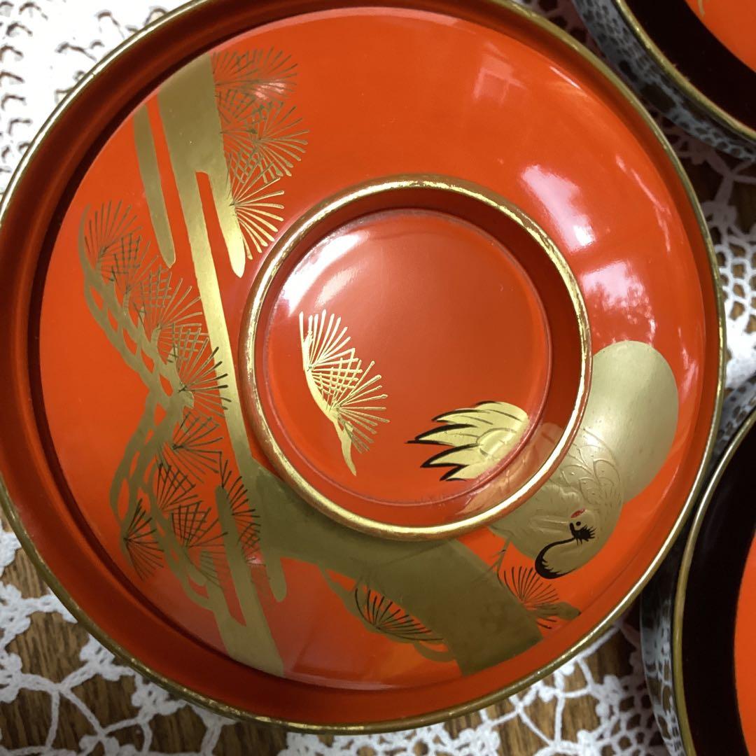k2f19 漆器 吸物椀　10客　　朱　金色の鶴デザイン