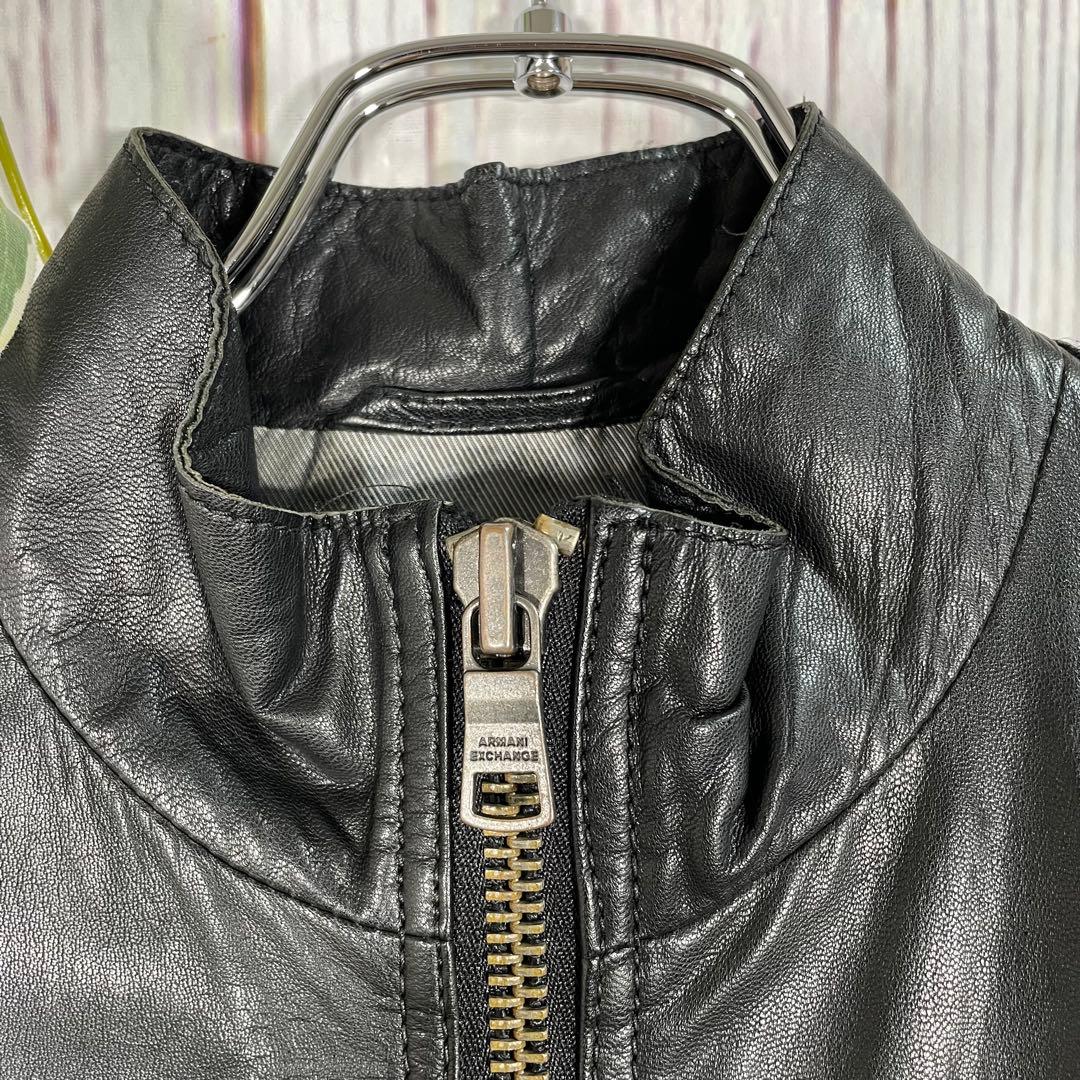 美品】アルマーニエクスチェンジレザージャケット シングル 黒 金属