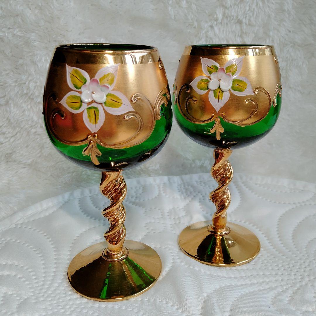 19世紀 アンティーク ベネチアガラス 金 エナメル彩 然文 緑色 八角 グラス